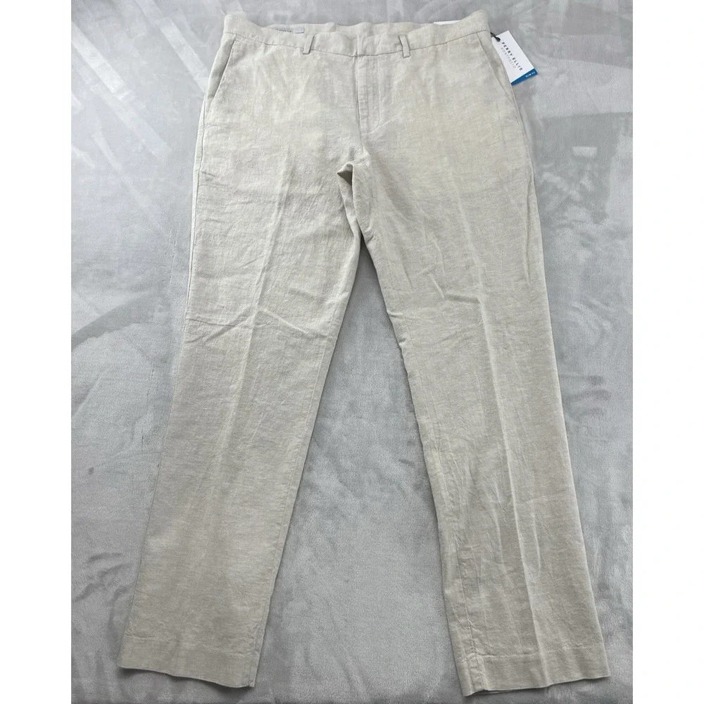 Perry Ellis Portfolio Dress Pants Men 36x32 Natural Linen Slim Fit Linen Blend